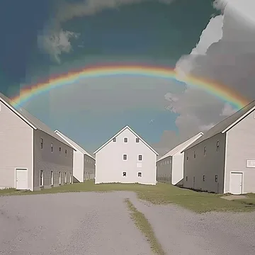 Rainbow above white houses on an empty street.