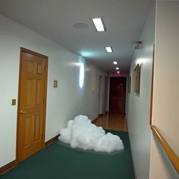 Cloud on the floor of a pale hallway.