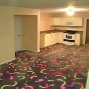 Empty kitchen with vivid patterned carpet.