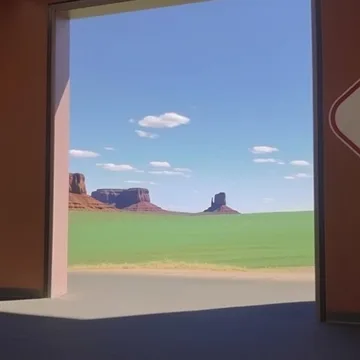 Doorway framing a green field and desert mesas.