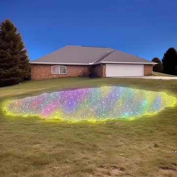 Shimmering rainbow circle on a suburban lawn.