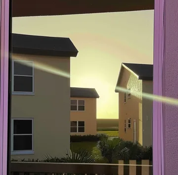Closely spaced pale houses beneath a yellow sky.