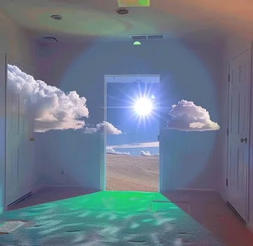 Glowing doorway in a room with clouds and shallow water.