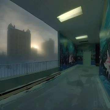 Dim blue corridor with a landscape mural.