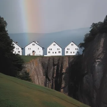 White houses perched above a deep ravine.
