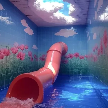 Red slide in a blue pool room with cloud walls.