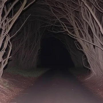 Dark path enclosed by arching bare branches.