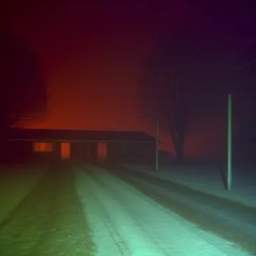 Road toward a house beneath a deep red sky.