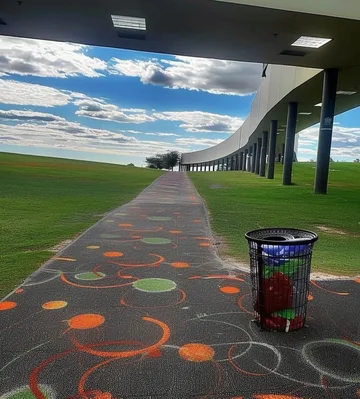Colorful outdoor walkway beside green hills.