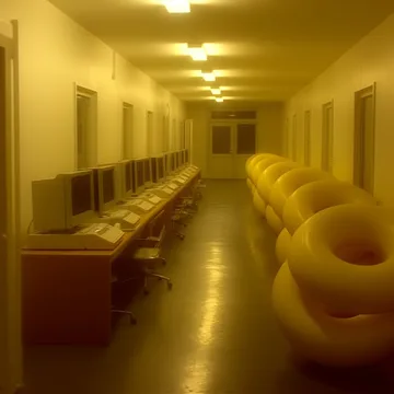 Row of rounded seats along a yellow-lit corridor.