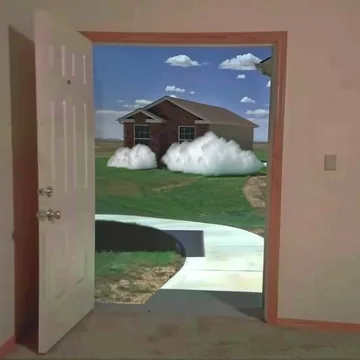 Open door onto a garden with a cloud outside.