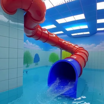 Red and blue tube slide in a bright tiled pool.
