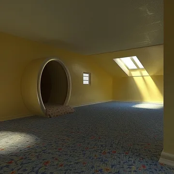 Circular opening in a sunlit yellow room.
