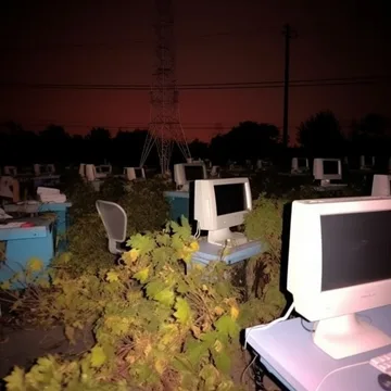 Old computers surrounded by flowers at night.