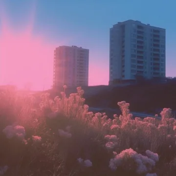 Flowers before high-rise buildings in pink haze.