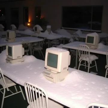 Dusty computers on long tables in a dark room.