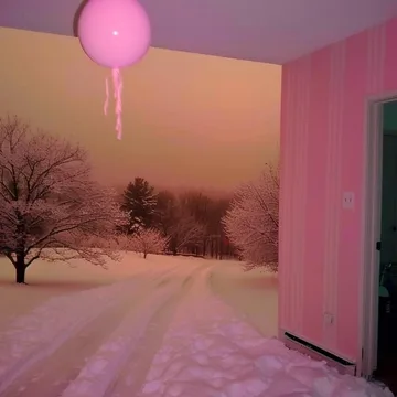 Pink balloon beside a snowy doorway.