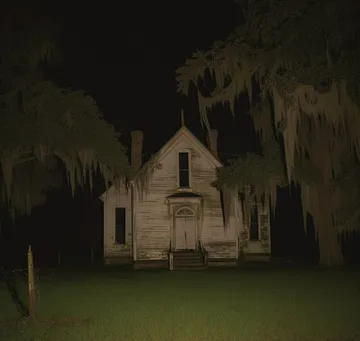 Old house beneath trees at night.