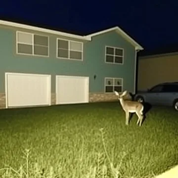 Deer on a lawn outside a house at night.