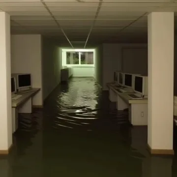 Flooded corridor beneath a bright window.