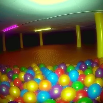 Colorful balls in a dark room with neon lights.
