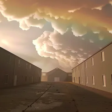 Rows of houses beneath dramatic golden clouds.