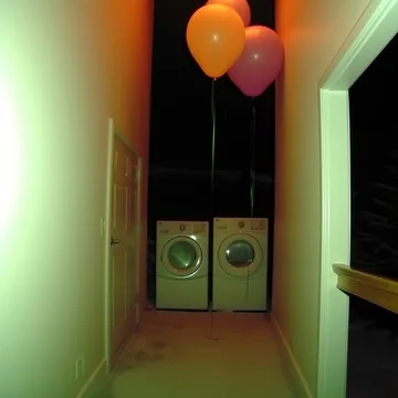 Balloons over washing machines in a green corridor.