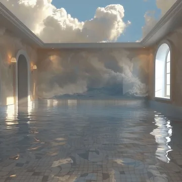 Water filling an arched room beneath clouds.