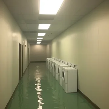Flooded corridor lined with washing machines.
