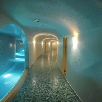 Curving turquoise corridor with golden arches.