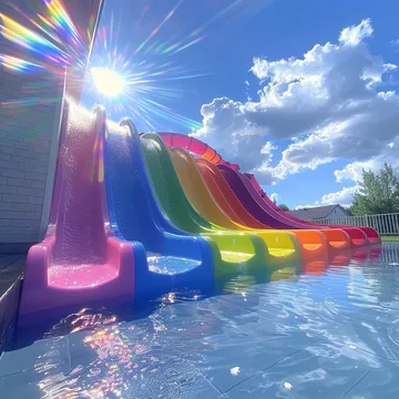 Rainbow water slides under a bright sun.