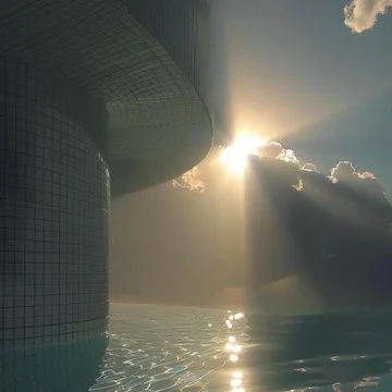 Sunlight reflected in a vast tiled pool.