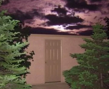 Door between evergreens beneath a purple sky.