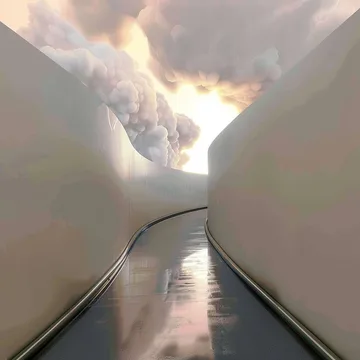 Escalator between white walls under a bright sky.