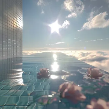 Flowers floating in a pool above clouds.