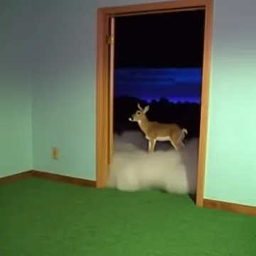 Deer above a cloud beyond a green doorway.