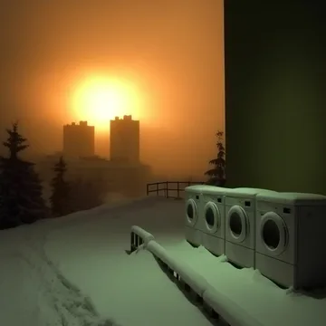 Washing machines overlooking a bright orange sun.