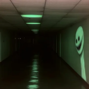 Green smiley face glowing on a dark corridor wall.