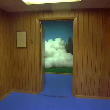 Cloud at the end of a wood-paneled hallway.