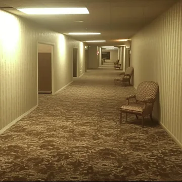 Armchair in an empty carpeted corridor.