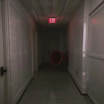 Dark hallway leading toward a circular opening.