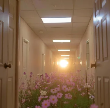 Flowers beneath a bright light in a hallway.