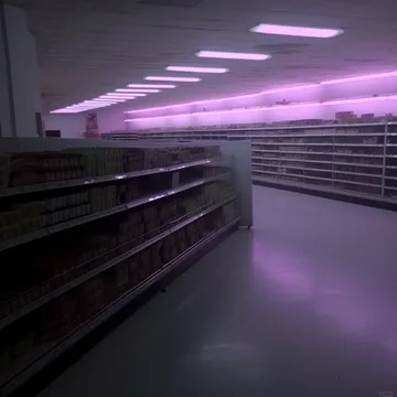 Empty supermarket aisles under purple lights.