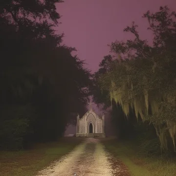 House at the end of a tree-lined path at dusk.