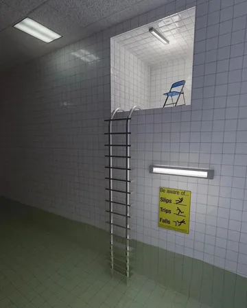 Ladder in a gray tiled shaft.