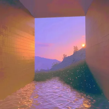 Doorway opening onto a purple and orange sunset.