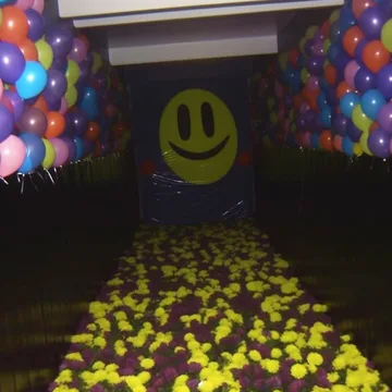 Yellow smiley face above a ball pit.
