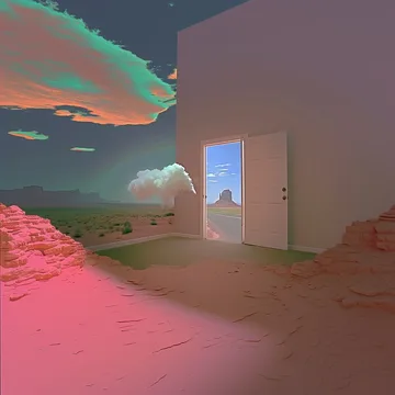 Open doors standing in a pink desert.