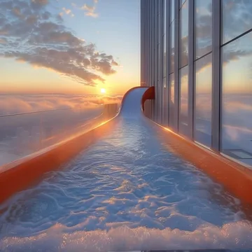Water flowing past windows at golden sunset.