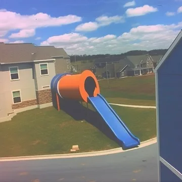 Playground slide overlooking suburban houses.